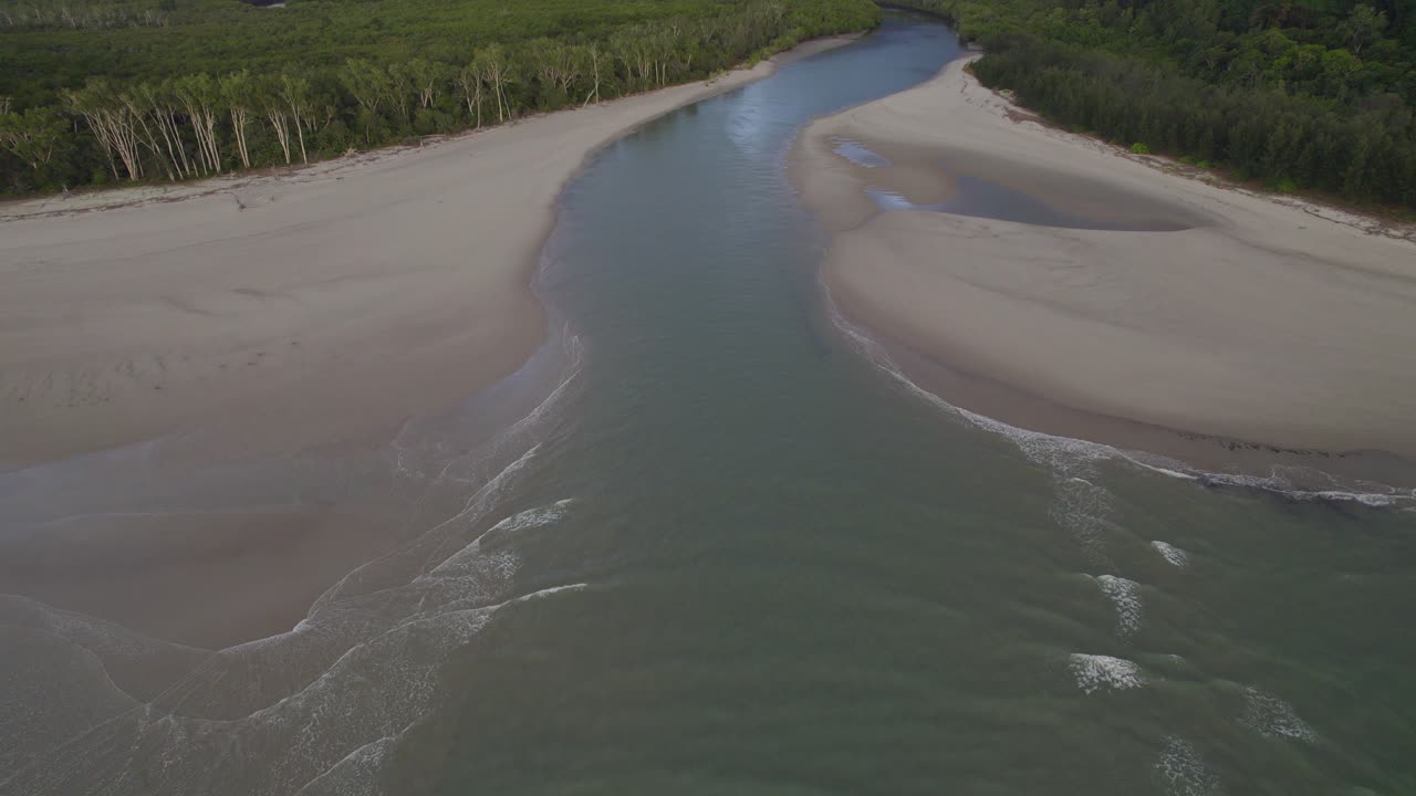 el río se encuentra con el océano en el parque nacional daintree en el lejano norte de queensland, australia - toma aérea de drones
