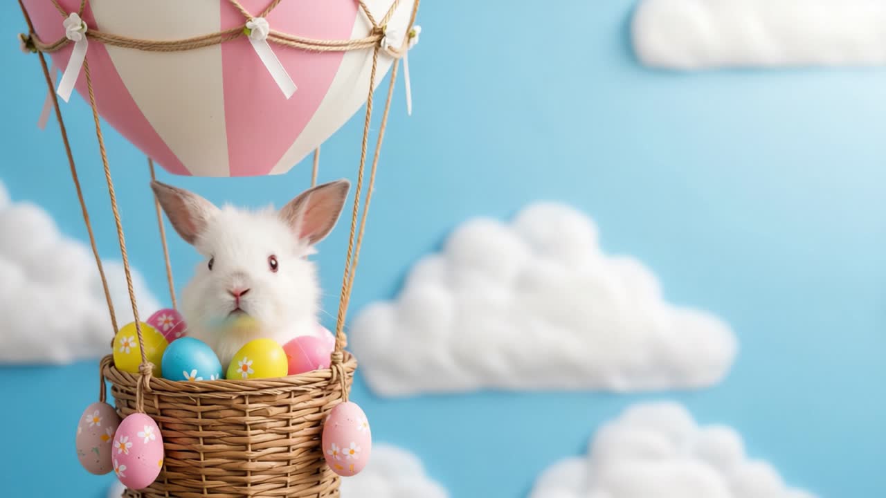 A Cute White Bunny Sitting in a Colorful Hot Air Balloon Filled with Easter Eggs, Set Against a Charming Sky with Whimsical Clouds
