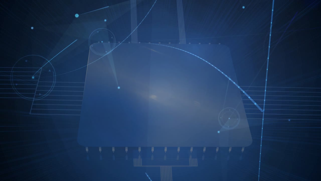 Data nodes orbiting dark-blue chip, one glowing and causing flare, growing trails to show data flow