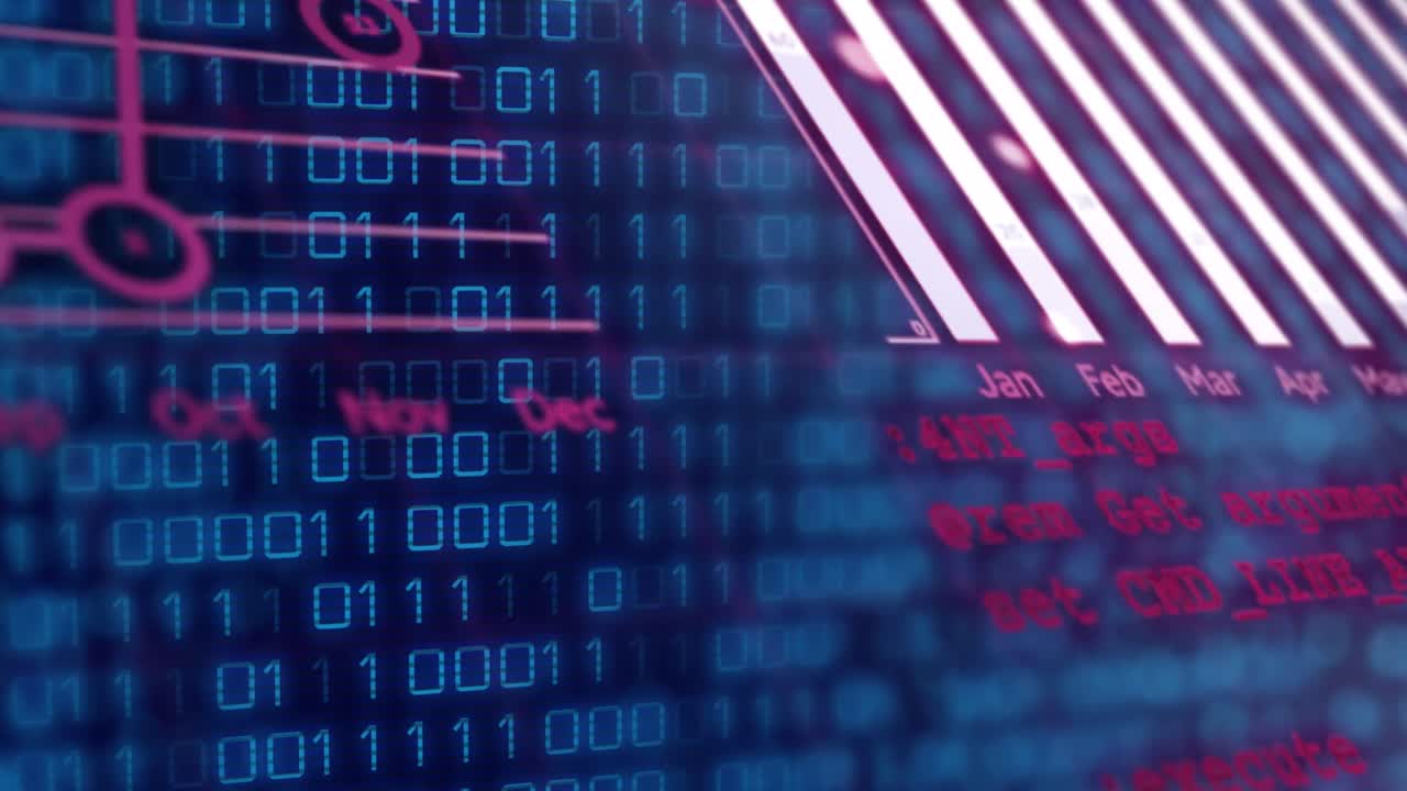 Animation of pink graphs, charts and globe over binary data processing on blue background