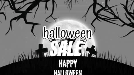 animación de felicitaciones de halloween texto sobre espeluznante árbol blanco y negro, cruces de tumba y luna