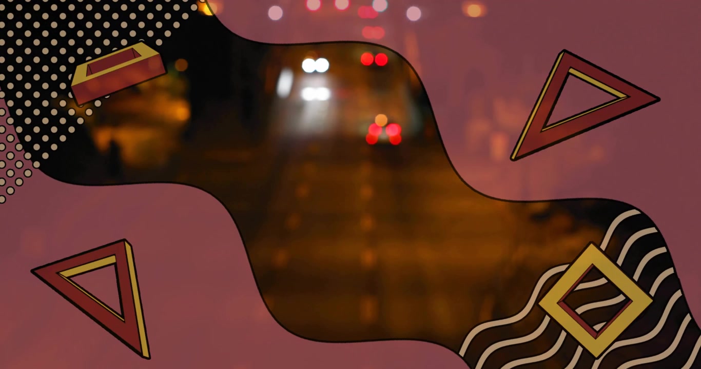 Animazione di forme e motivi astratti su una strada cittadina con luci di auto di notte.
