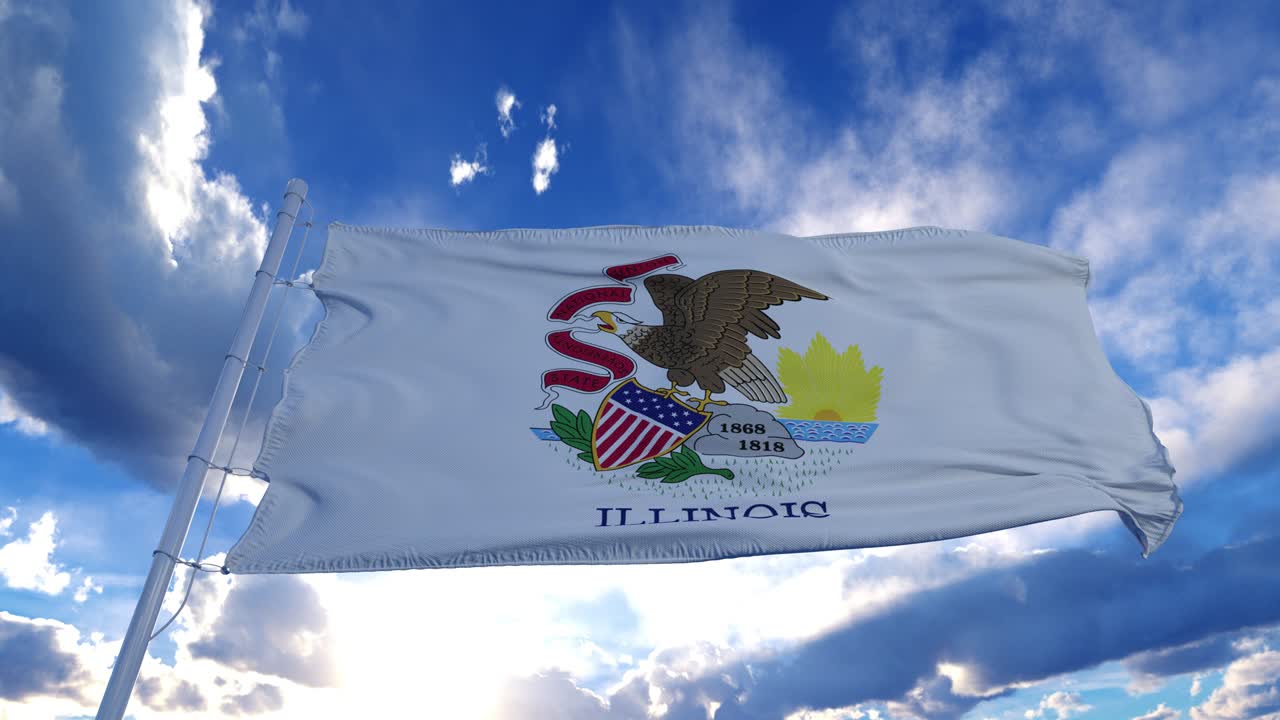 Bandiera dell'Illinois su un'asta che sventola al vento nel cielo. Stato dell'Illinois negli Stati Uniti d'America.