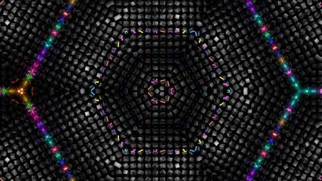4k fondo en bucle abstracto con estructuras simétricas como caleidoscopio con bombillas de iluminación, luces de neón multicolores. bucle vj para música beat, espectáculo festivo o eventos de vacaciones, festivales o conciertos