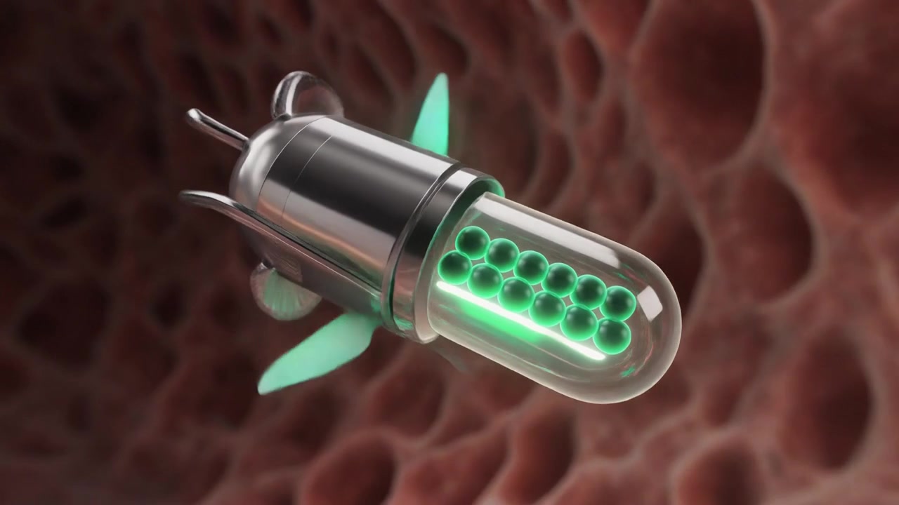 Nanobot medico microscopico che viaggia attraverso un vaso sanguigno umano