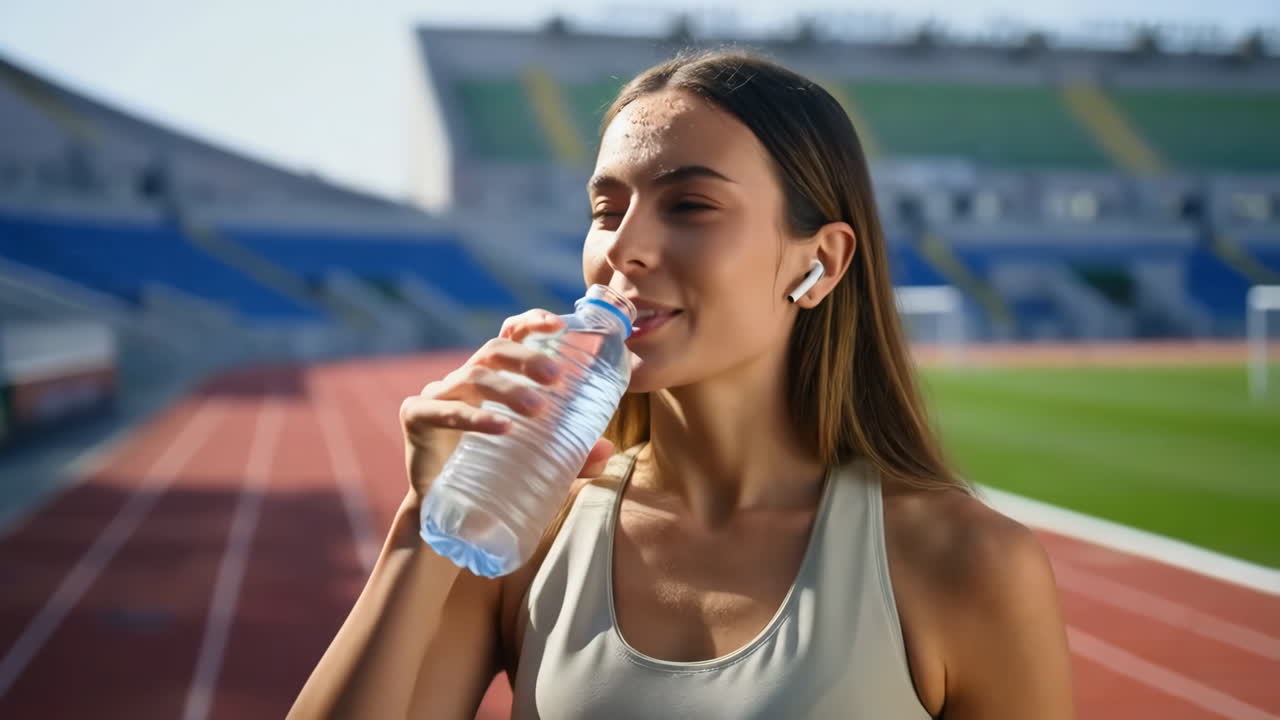 Young woman drinking water on a running track in a stadium