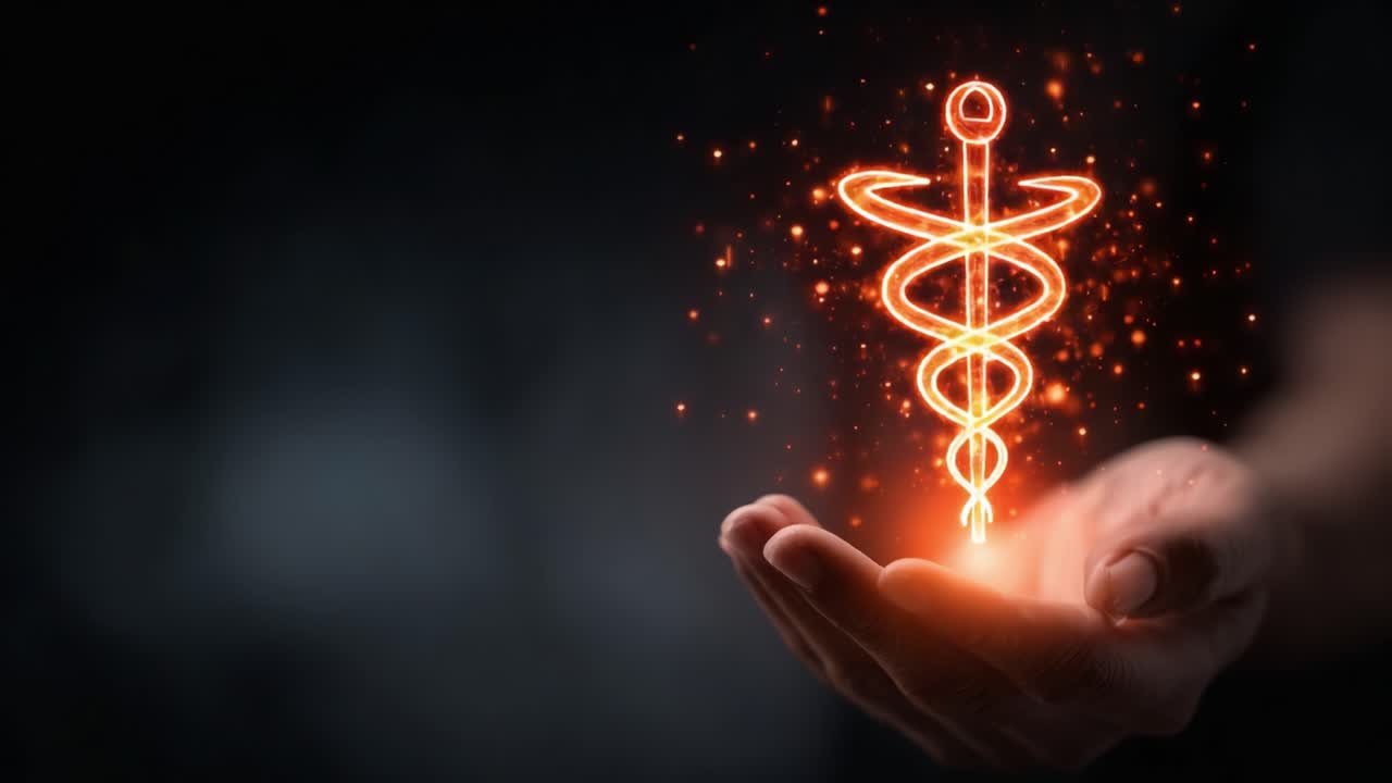 A Glowing Representation of Healthcare Symbols with a Hand Holding a Mystical Medical Staff Illuminated Against a Dark Background