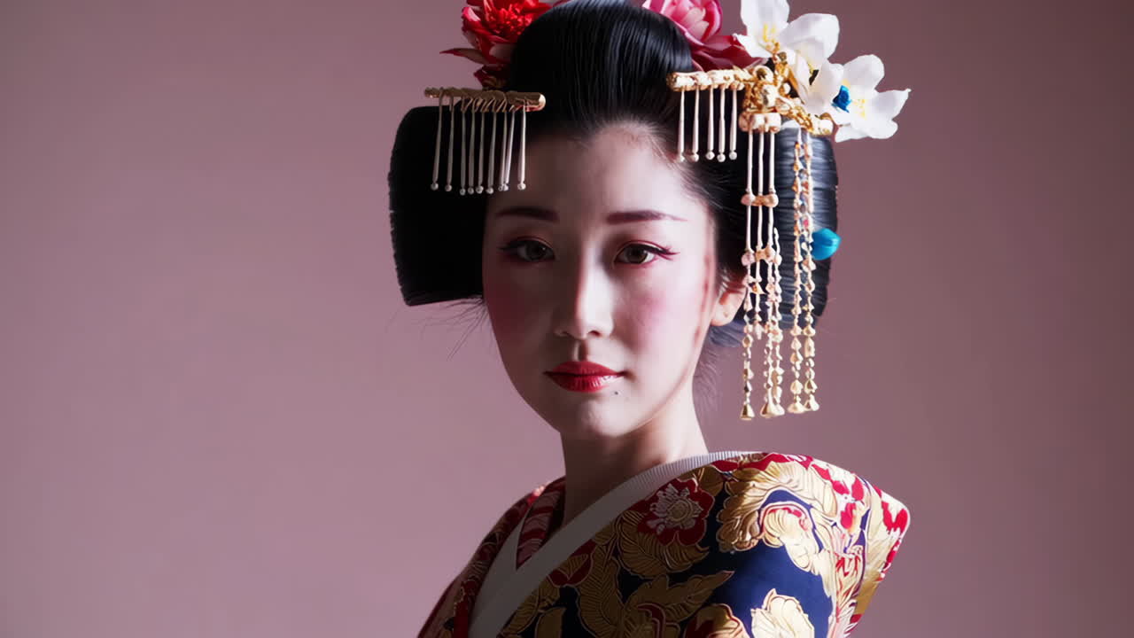 Portrait of a Japanese Woman in Traditional Kimono and Makeup