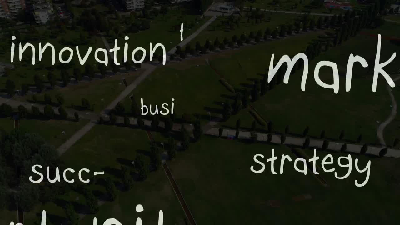 Handwritten typography expanding from 'bu', floating and scaling over park, centering business plan