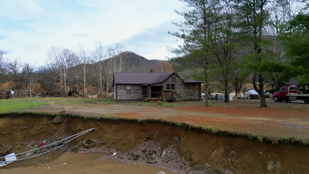 4K Aerial Drone Video of Erosion and Debris Around Cabin Caused by Flooded Nolichucky River in Erwin, TN after Hurricane Helene (2024)