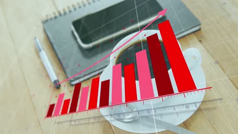 animation of statistical data processing against smartphone, diary and coffee cup on wooden table