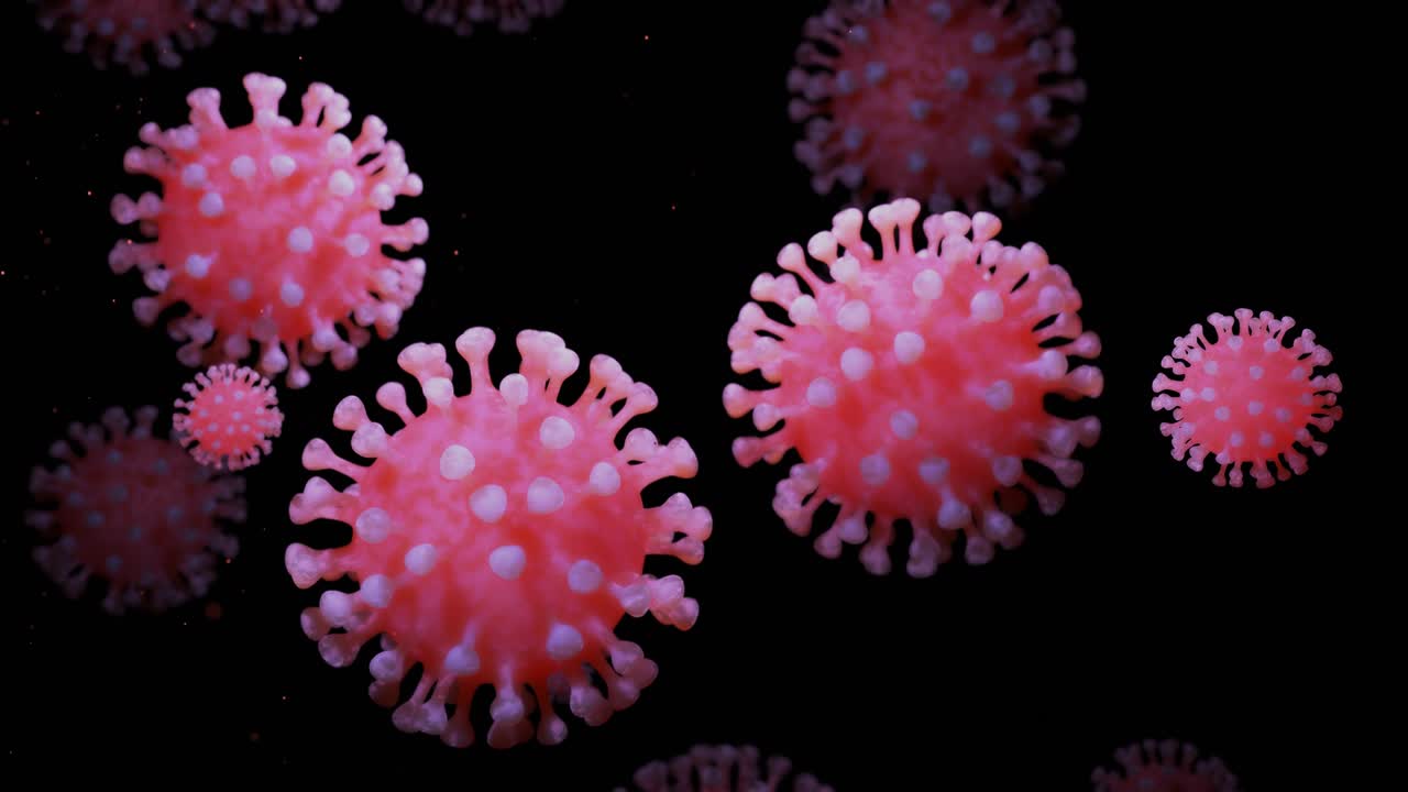 en primer plano, el coronavirus tipo covid-19, h1n1, la gripe aviar o la gripe porcina se mueven suavemente en el fluido. representación 3d del virus como fondo de bucle microscópico microbiológico. gradiente azul blanco 9