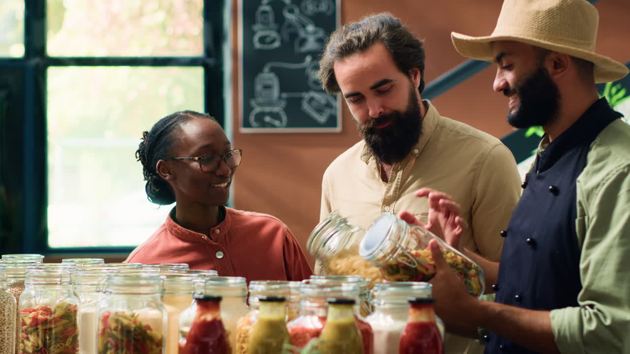 vendedor que muestra productos ecológicos a granel