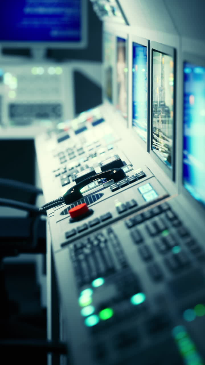 sala de control con monitores y panel de control