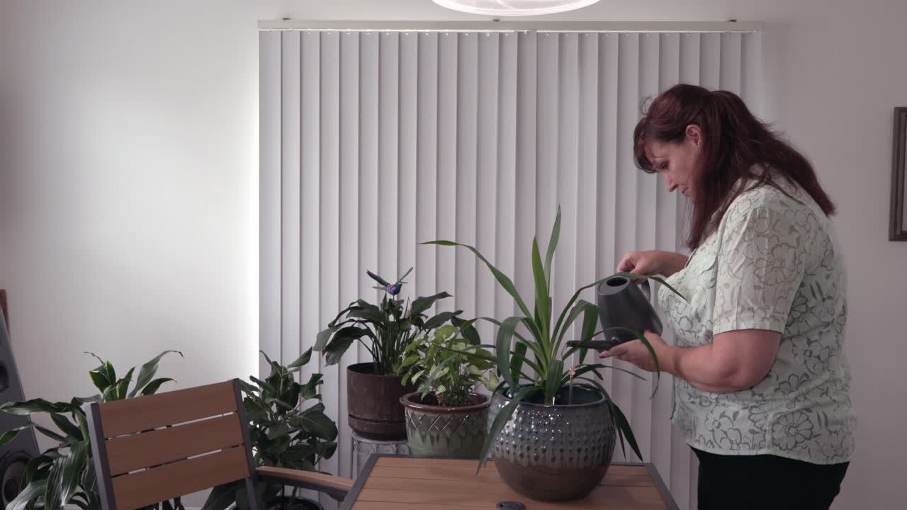 Middle aged caucasian woman watering house plants