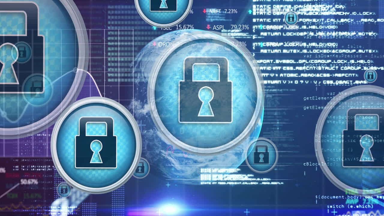 animación de iconos de candados de seguridad en línea que se mueven sobre el procesamiento de datos sobre fondo azul