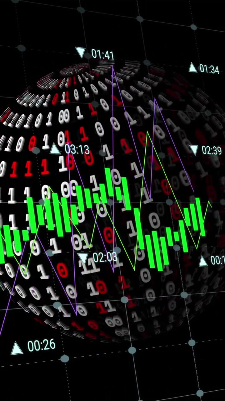 Animation of data processing over globe with binary coding on black background