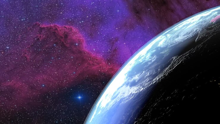 Earth seen from the sky. Transition day - night. Galaxy in the background.