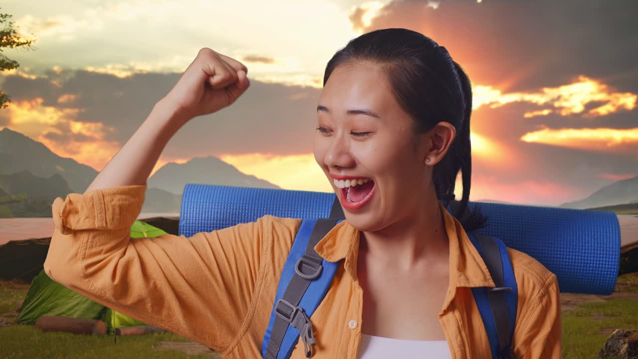 Excited Woman on a Camping Trip