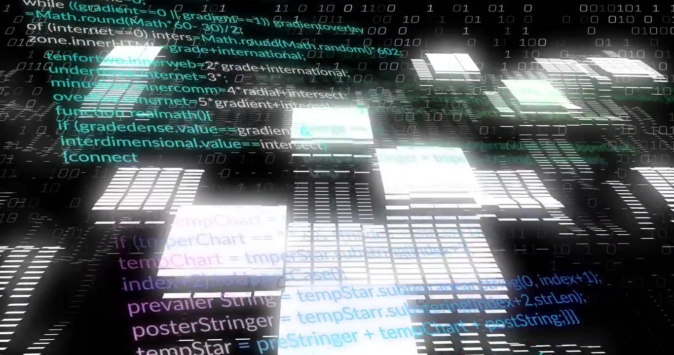 Tile grid moving forward, camera moving causing tiles growing and code streams glowing to show data