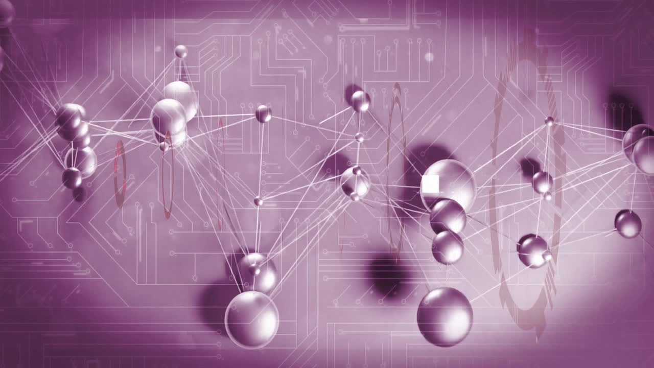 Animation of interconnected spheres over circuit board in school, purple tones