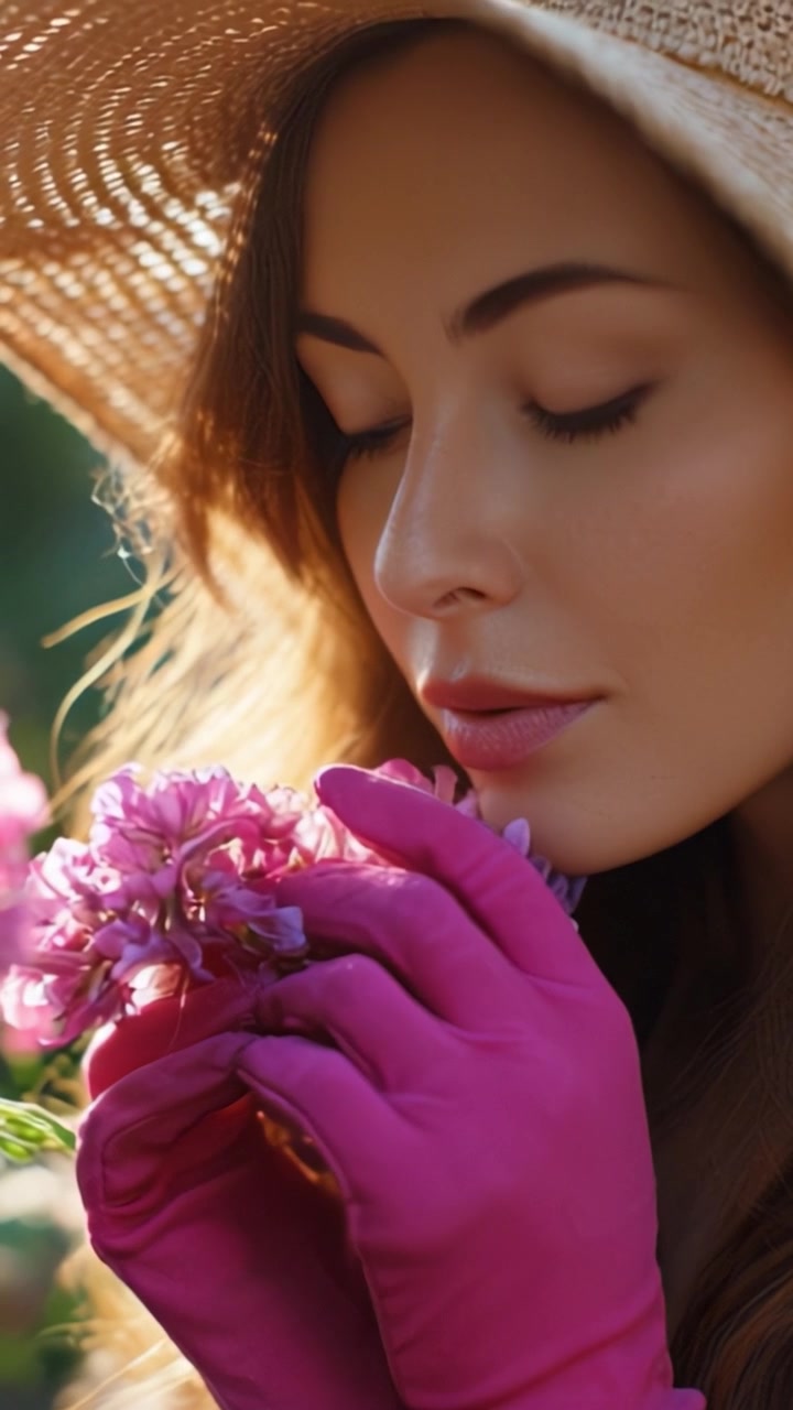 Un momento sereno catturato, che mostra una donna con un cappello da sole e guanti rosa che tiene delicatamente fiori profumati, incarnando la tranquillità e la bellezza della natura