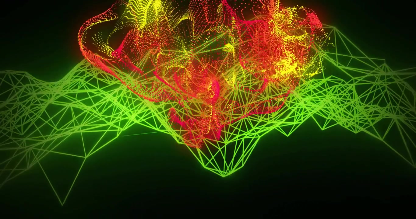Neon wire mesh moving, reacting to red-yellow point cloud dropping and melding nodes to show fusion
