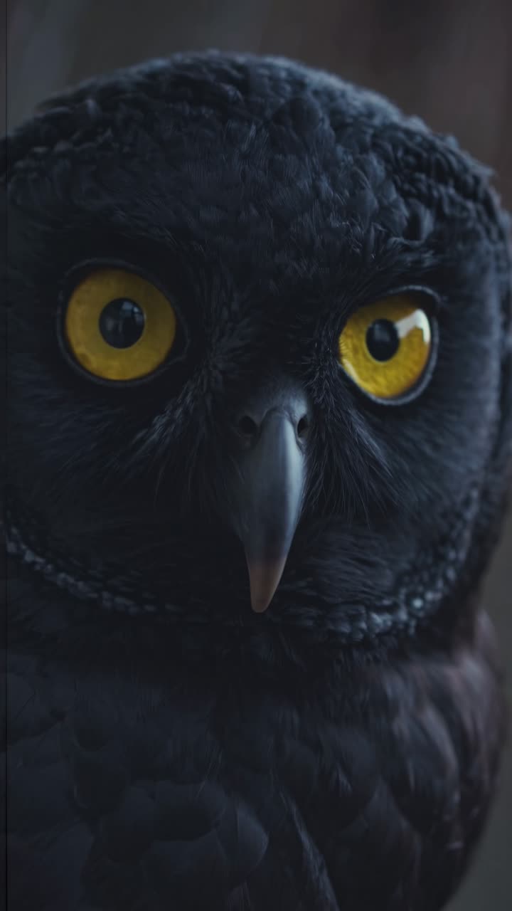 Close-up de uma coruja com olhos amarelos vibrantes, capturada ao nível dos olhos