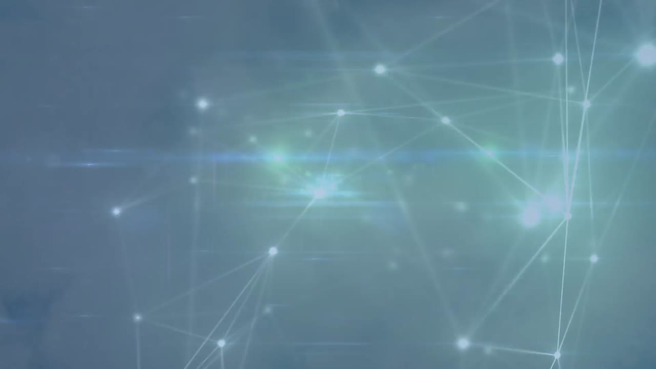 Animation of glowing network of connections and spot of light over clouds in the sky