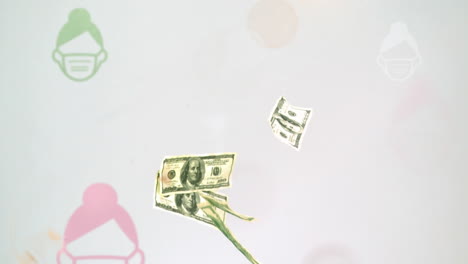 animación de billetes de dólar estadounidense y mujer con iconos de máscara facial contra un fondo gris