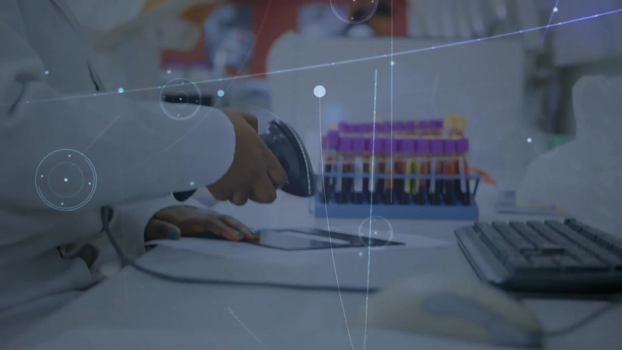 Animation of network of connections over female scientist scanning in lab