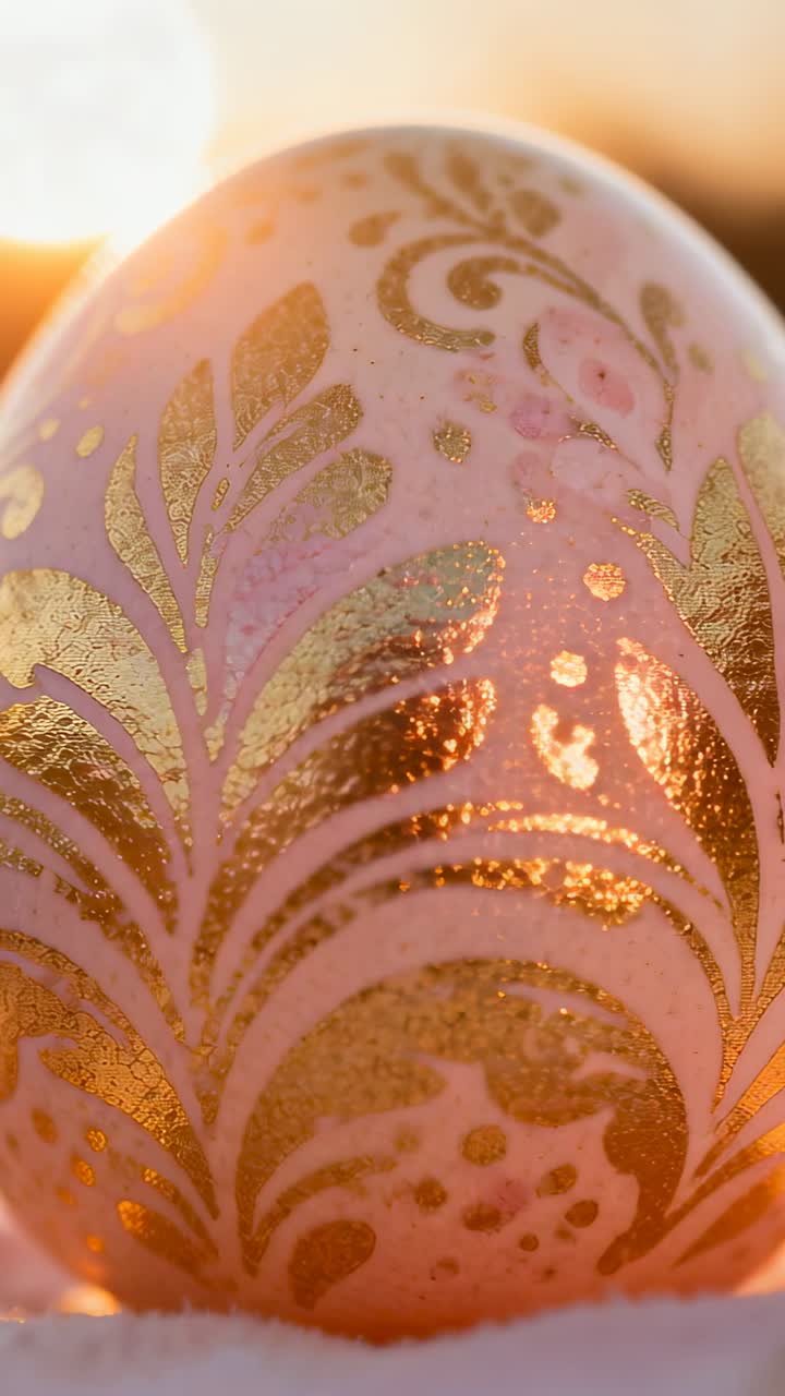 Camera starting upward tilt and rotating, warm sunlight shifting, pink egg revealing gold motifs