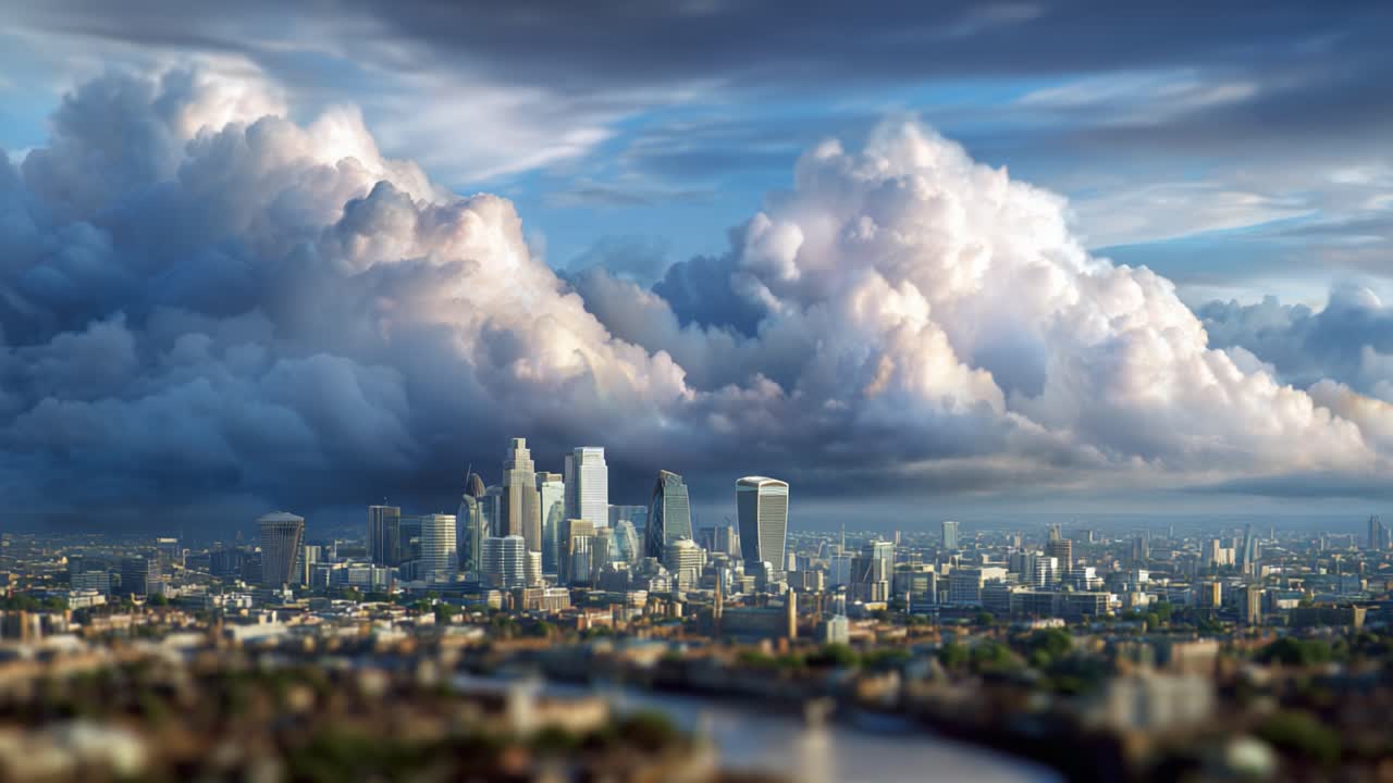 A Stunning Aerial View of a Modern City Skyline with Dramatic Clouds in the Background, Showcasing Urban Architecture and Natural Beauty