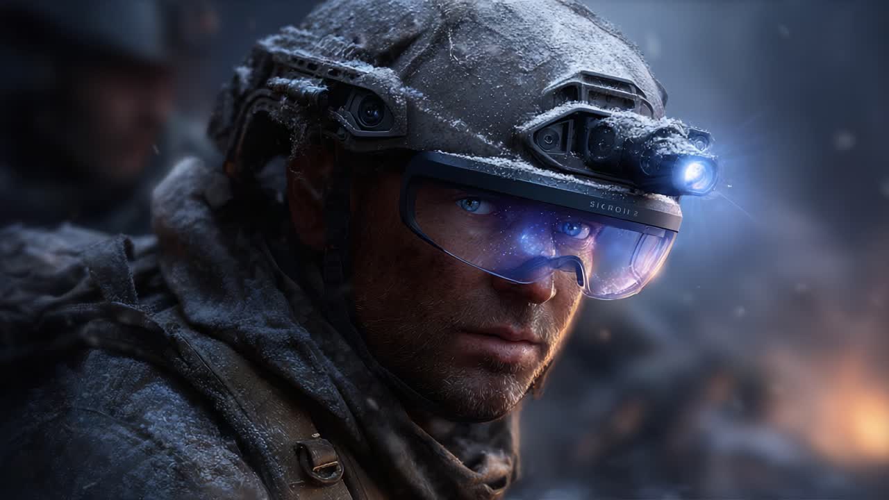 Intense Close-Up of a Soldier in Winter Gear with Tactical Goggles, Capturing the Grit and Determination of Military Personnel in a Snowy Environment