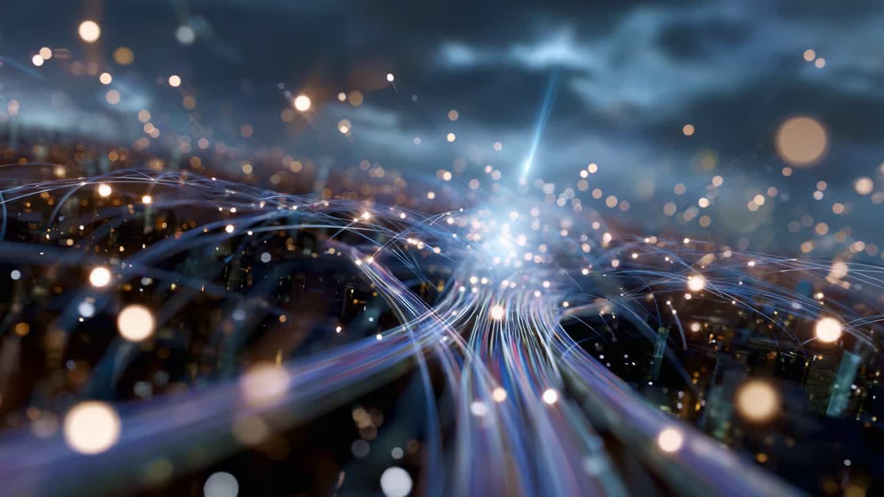 Flusso dinamico di luce ed energia su un paesaggio urbano al crepuscolo, che mette in mostra una connettività vivace e un'estetica digitale con particelle luminose e linee curve