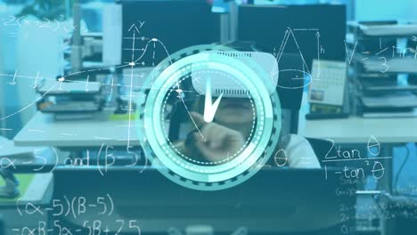 Animation-of-clock-and-mathematical-formulas-over-businesswoman-using-vr-headset