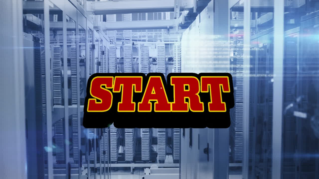 Start text animation over modern server room with blue lighting