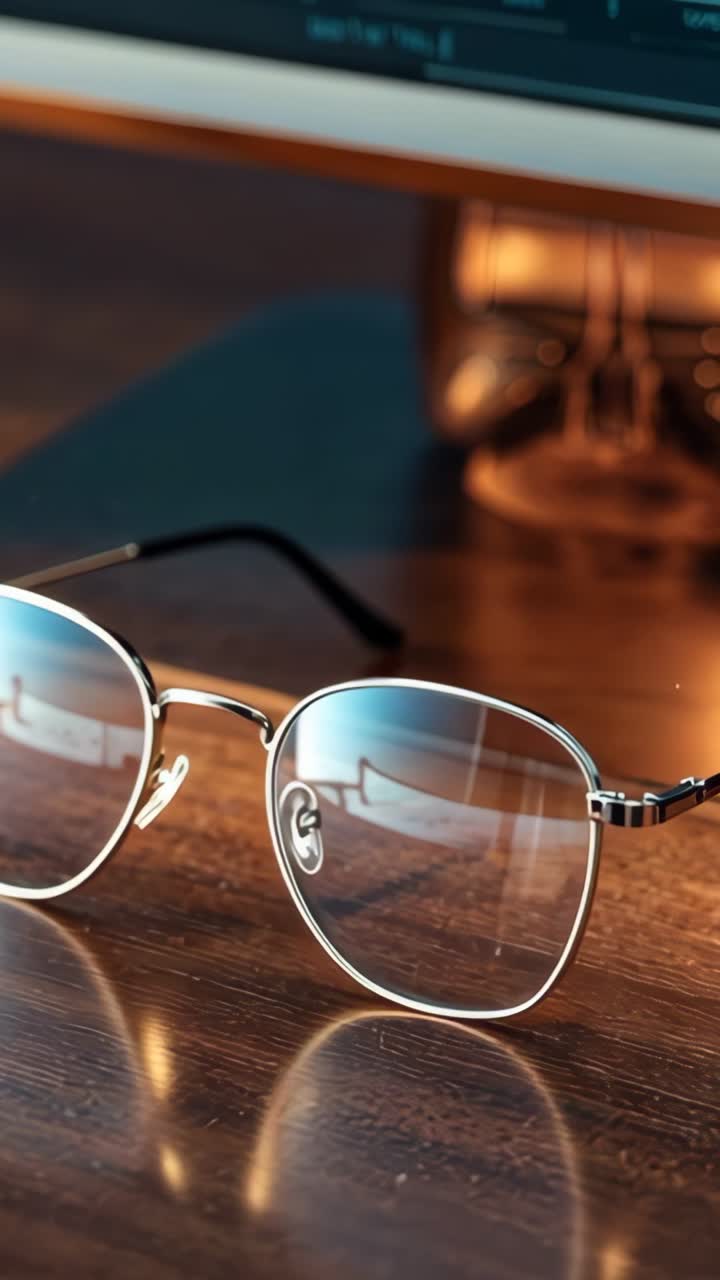 Vertical video: Adjusting camera focus between eyeglasses and desk monitor, revealing copper decor