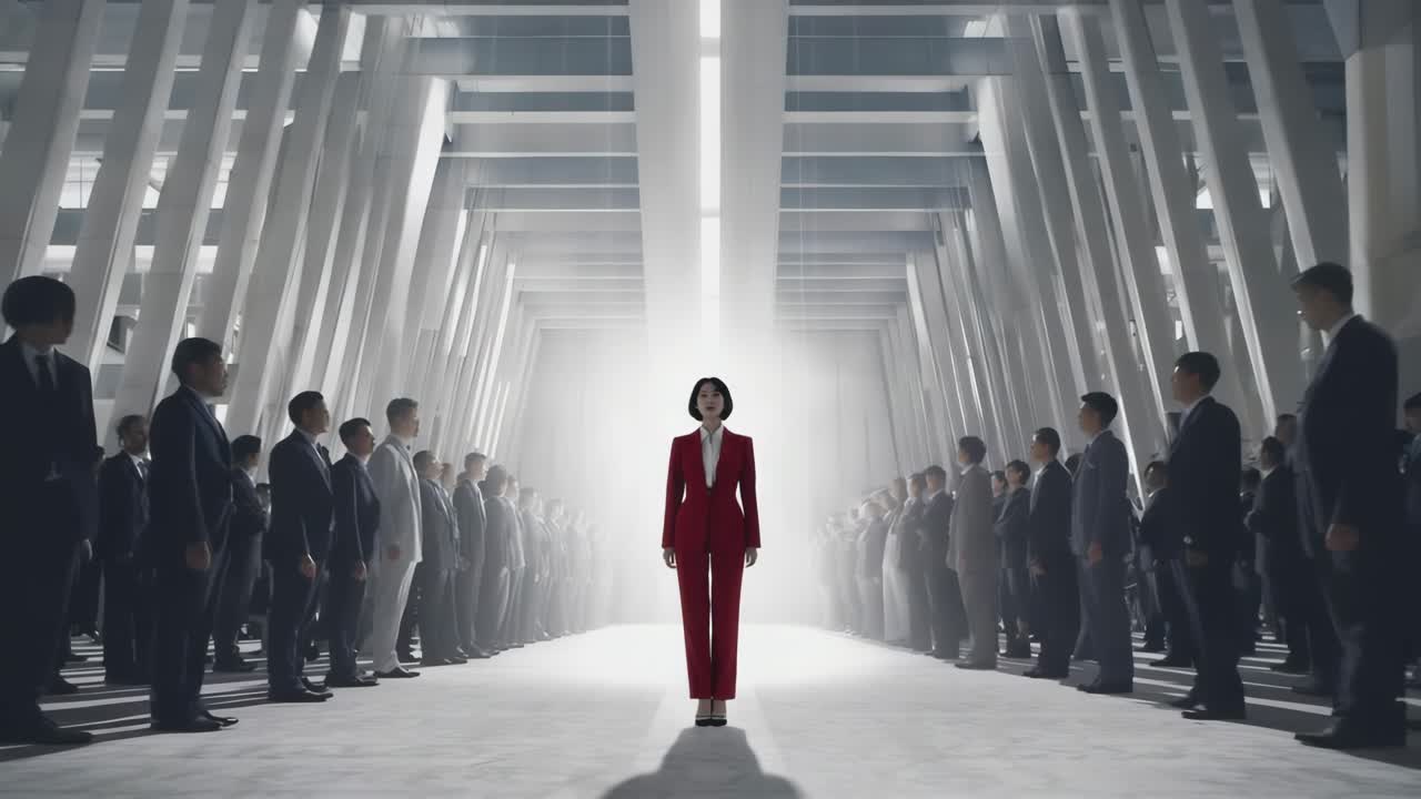 Woman in red suit standing among men