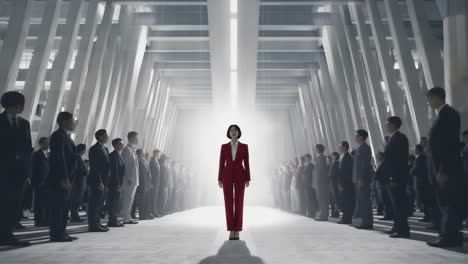 woman in red suit standing among men