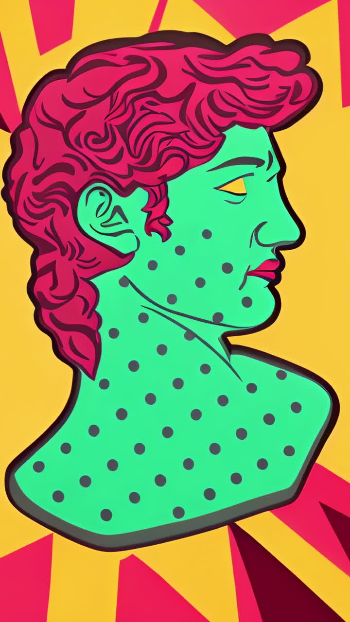 Vertical video: Playback starting bust holding pose against yellow field, with green polka-dot face