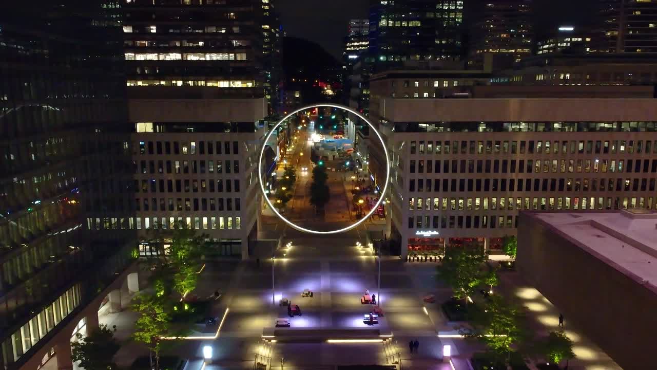 The Ring exposition at night, aerial Montréal downtown, Québec, Canada