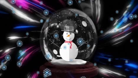 Animation-of-snow-flakes-falling-over-snowman-in-a-snow-globe-against-digital-waves