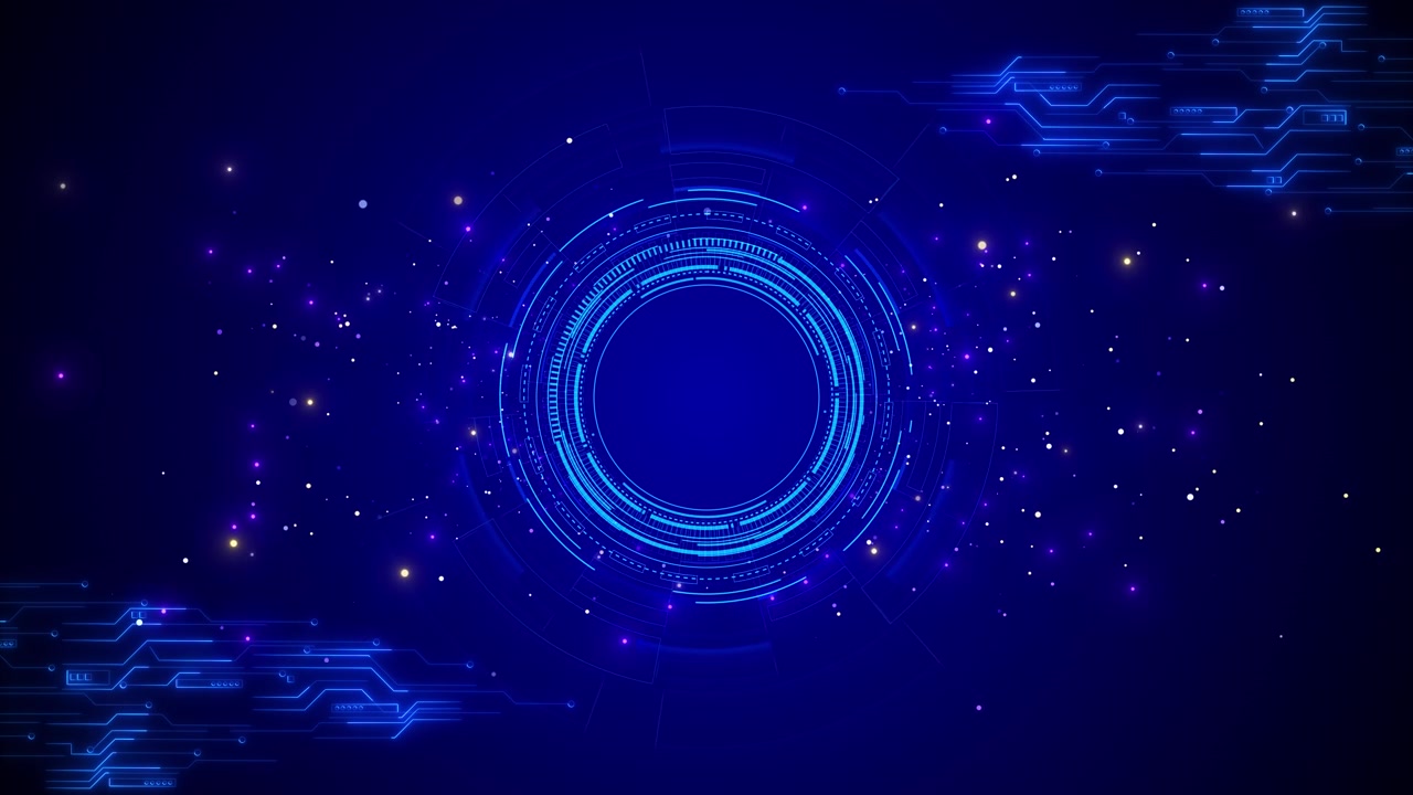 Blue circular hud tech background glowing rings circuit corners floating particles deep digital
