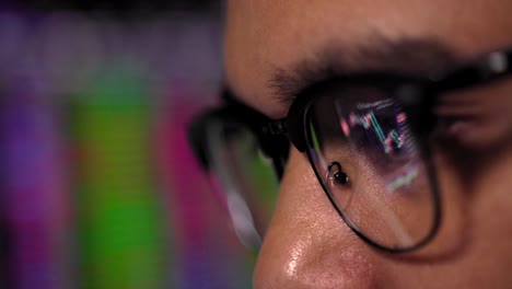 close-up eye investor businessman analyzing a graphic of a stock, cryptocurrency exchange chart and looks at computer monitor. financial working with real-time exchange rate diagram. investment concept