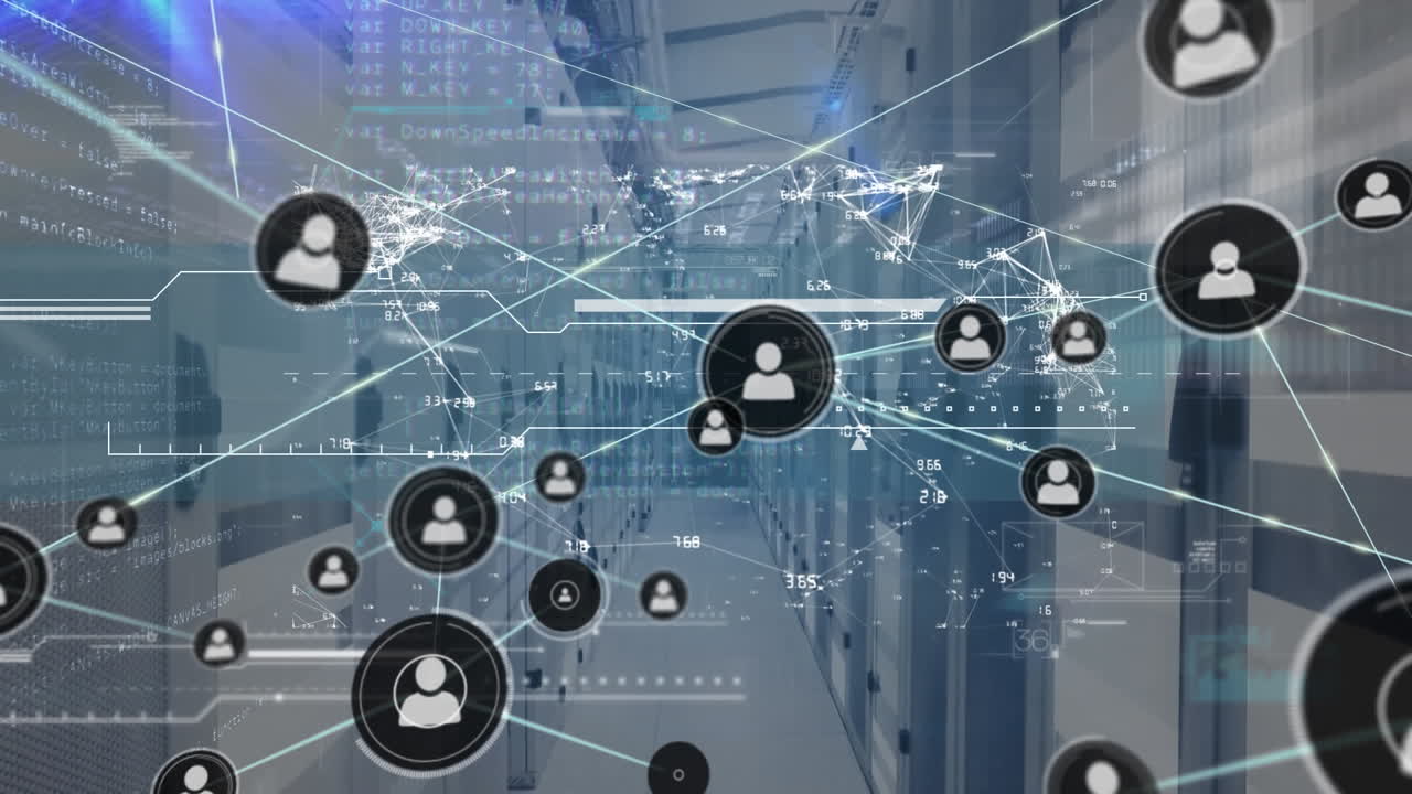 Animation of network of connections with icons and data processing over server room