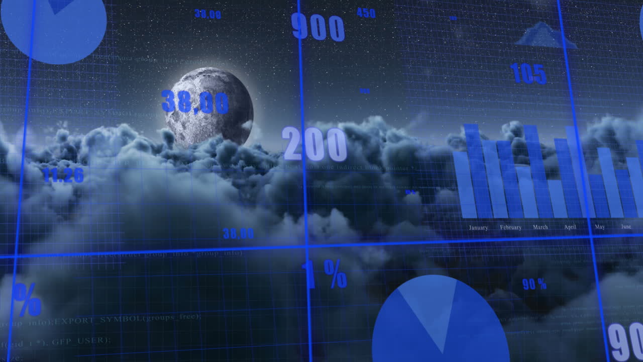 Animazione di elaborazione di dati statistici su una rete a griglia con nuvole scure e luna nel cielo