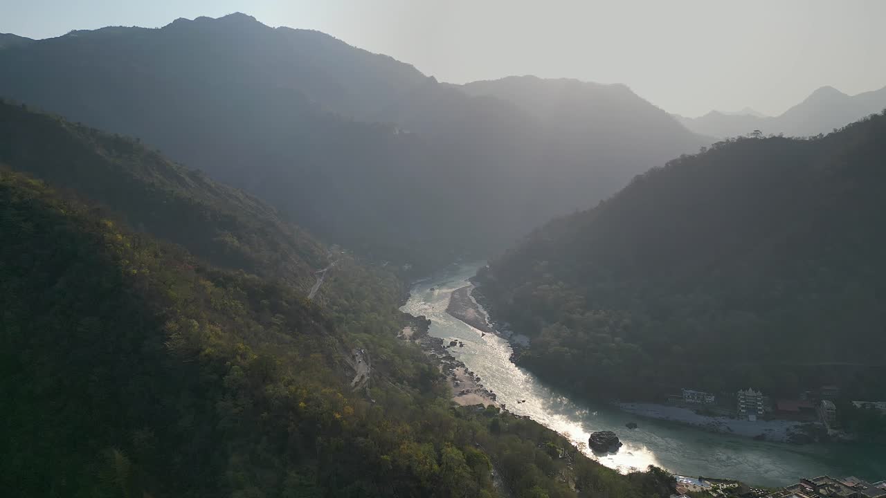 morning Rishikesh drone moving closer to wide view in india
