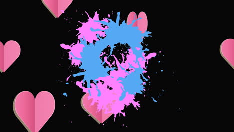 animation of hearts and paint splash on black background