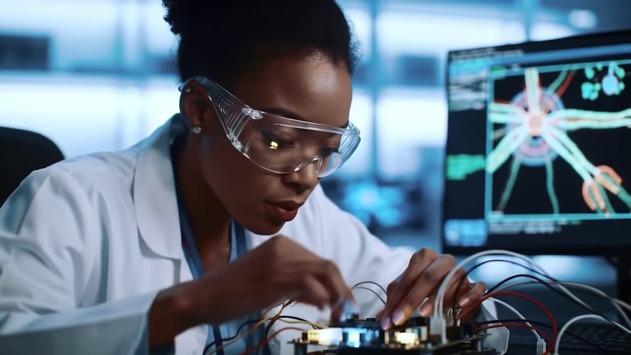 Kvindelig forsker arbejder på et printkort i et moderne laboratorium